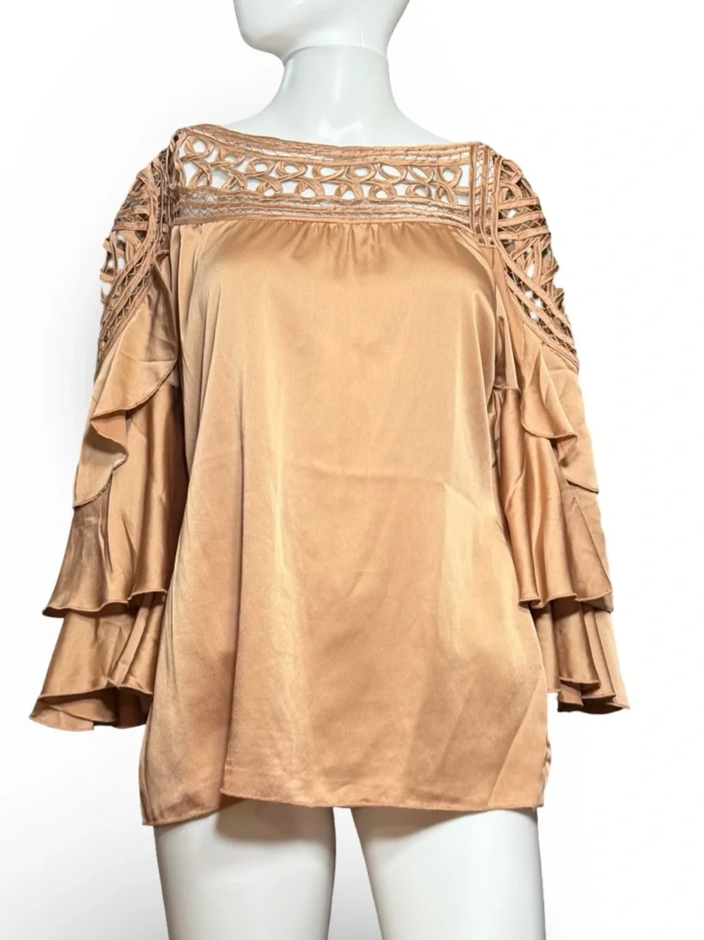 Boston Proper Champagne Satin Cold Shoulder Tiered Sleeve Blouse - Size 2